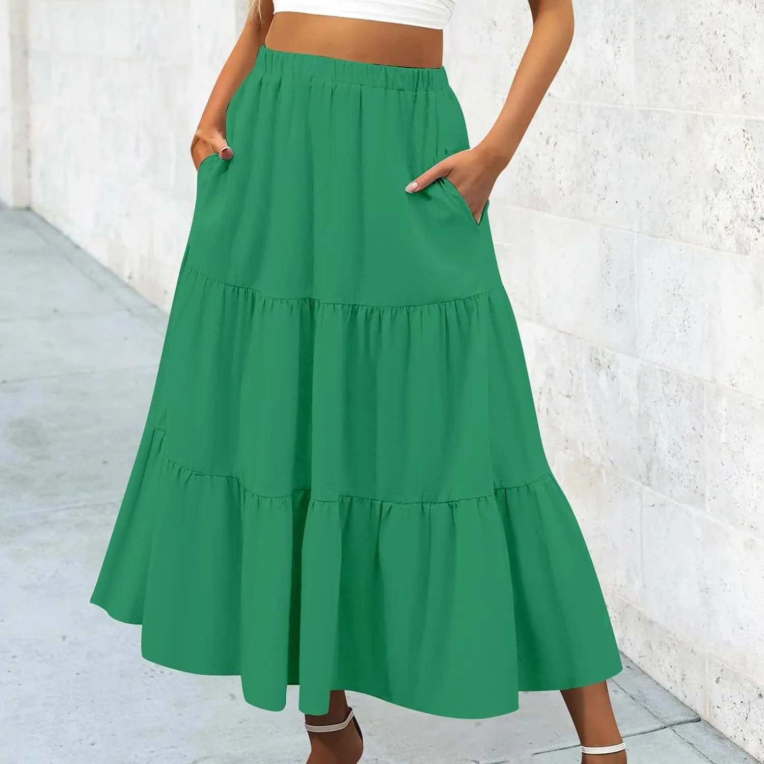 Leather Skirt Plus Size Women S Summer Boho Elastic Waist Pleated A Line Flowy Swing Tiered Long Beach Skirt