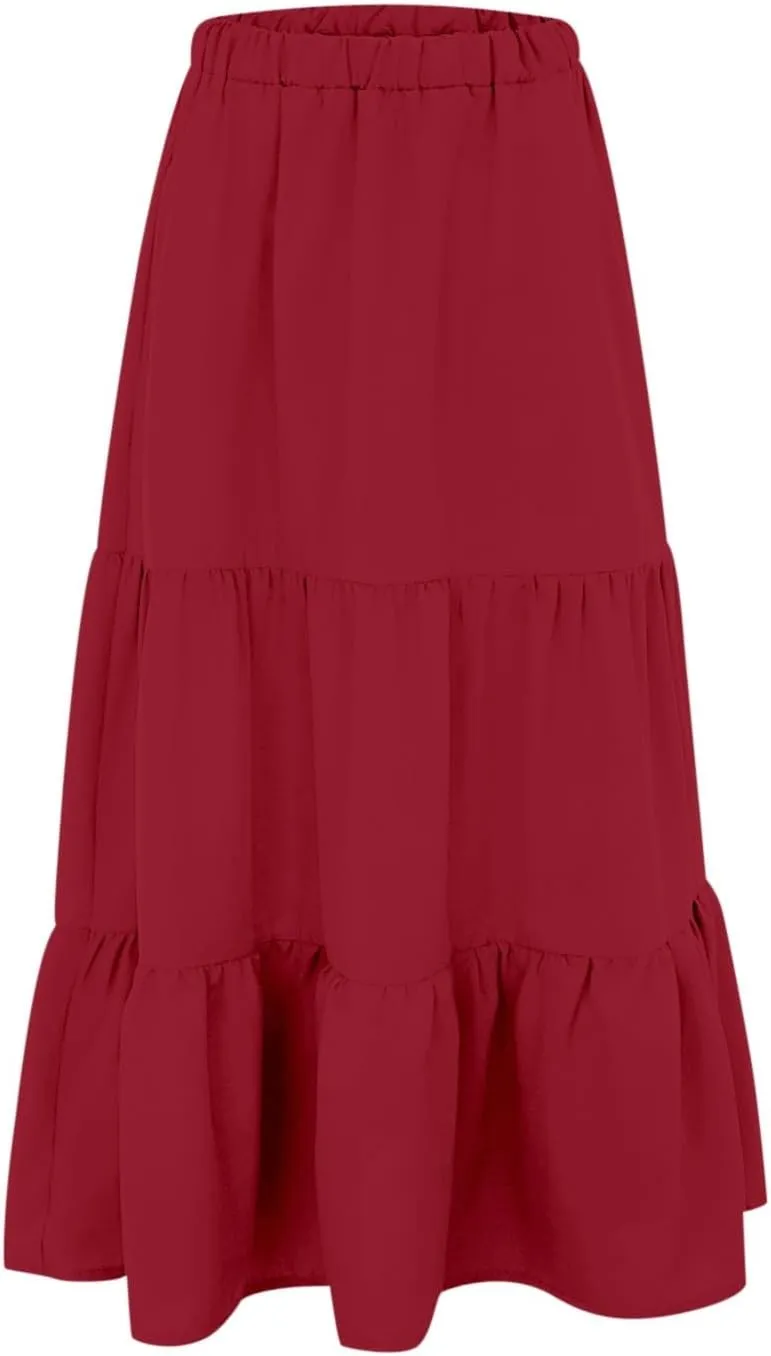 Leather Skirt Plus Size Women S Summer Boho Elastic Waist Pleated A Line Flowy Swing Tiered Long Beach Skirt