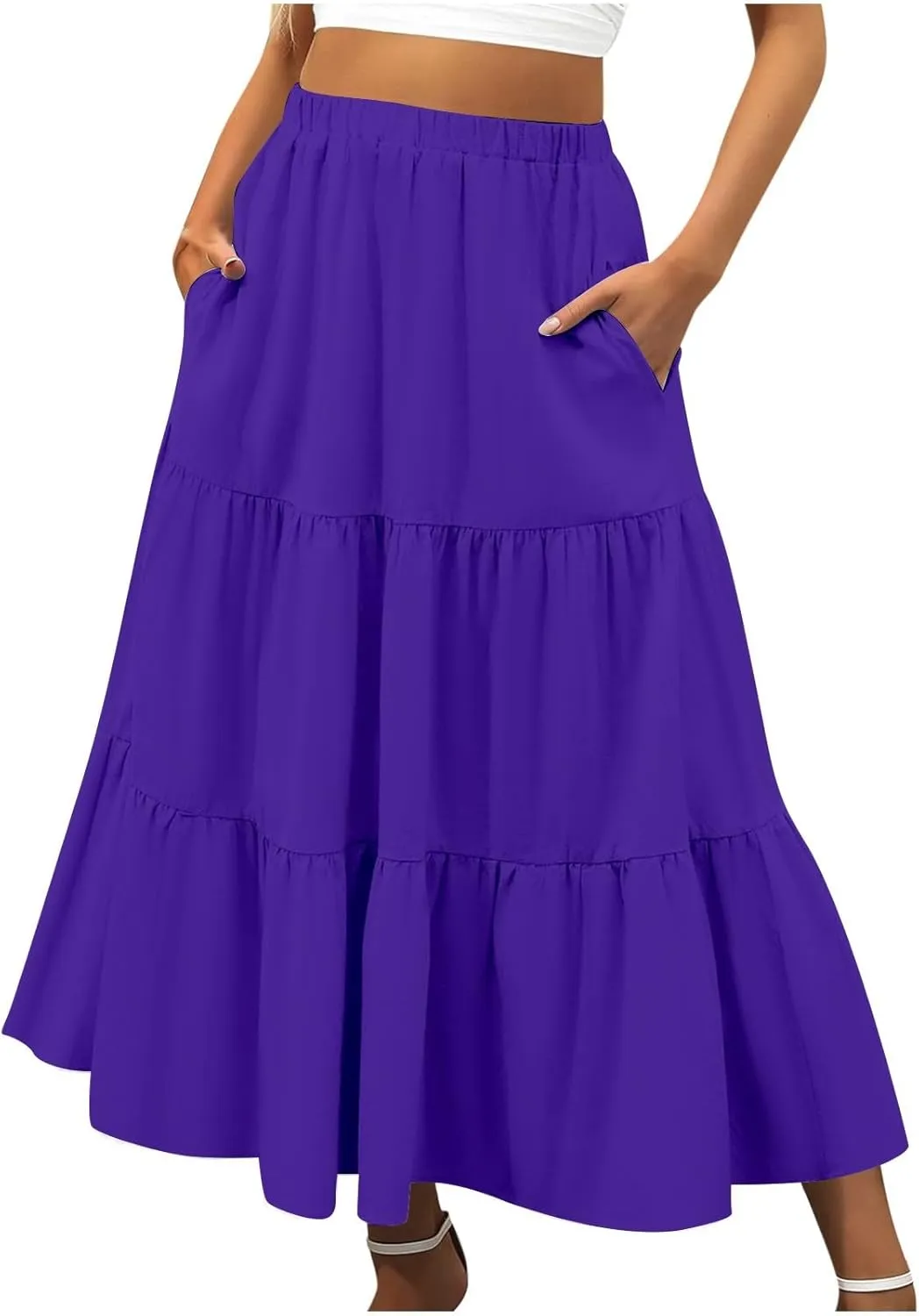 Leather Skirt Plus Size Women S Summer Boho Elastic Waist Pleated A Line Flowy Swing Tiered Long Beach Skirt
