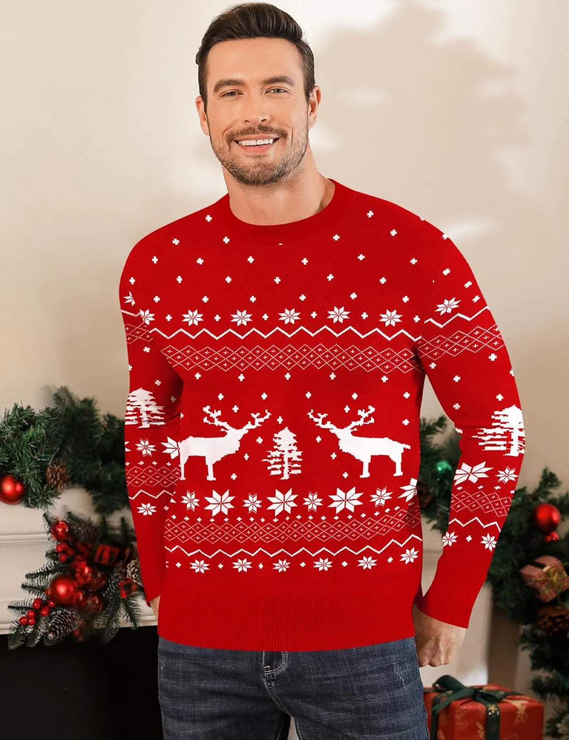 LecGee Christmas Sweater Couple Roundneck Reindeer Snowflakes Ugly Long Sleeve Knitted Sweater Pullover Slim Fit Men Women