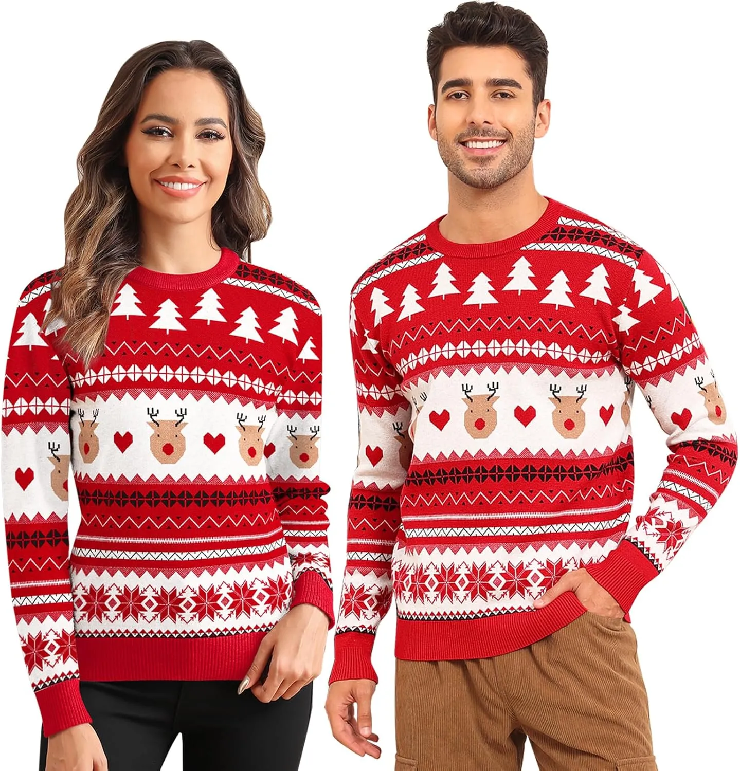 LecGee Christmas Sweater Couple Roundneck Reindeer Snowflakes Ugly Long Sleeve Knitted Sweater Pullover Slim Fit Men Women