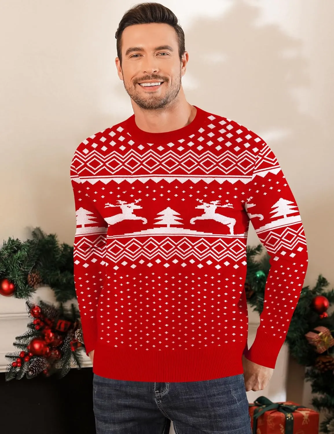 LecGee Christmas Sweater Couple Roundneck Reindeer Snowflakes Ugly Long Sleeve Knitted Sweater Pullover Slim Fit Men Women