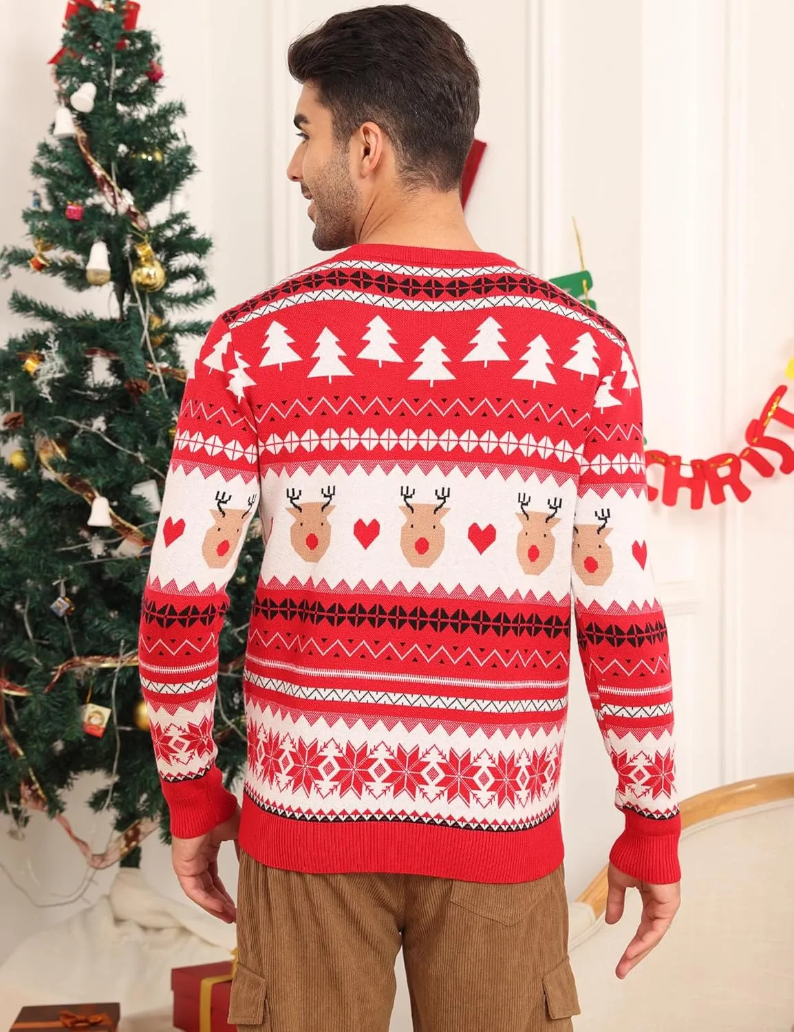 LecGee Christmas Sweater Couple Roundneck Reindeer Snowflakes Ugly Long Sleeve Knitted Sweater Pullover Slim Fit Men Women