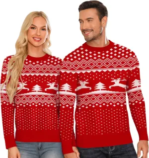 LecGee Christmas Sweater Couple Roundneck Reindeer Snowflakes Ugly Long Sleeve Knitted Sweater Pullover Slim Fit Men Women
