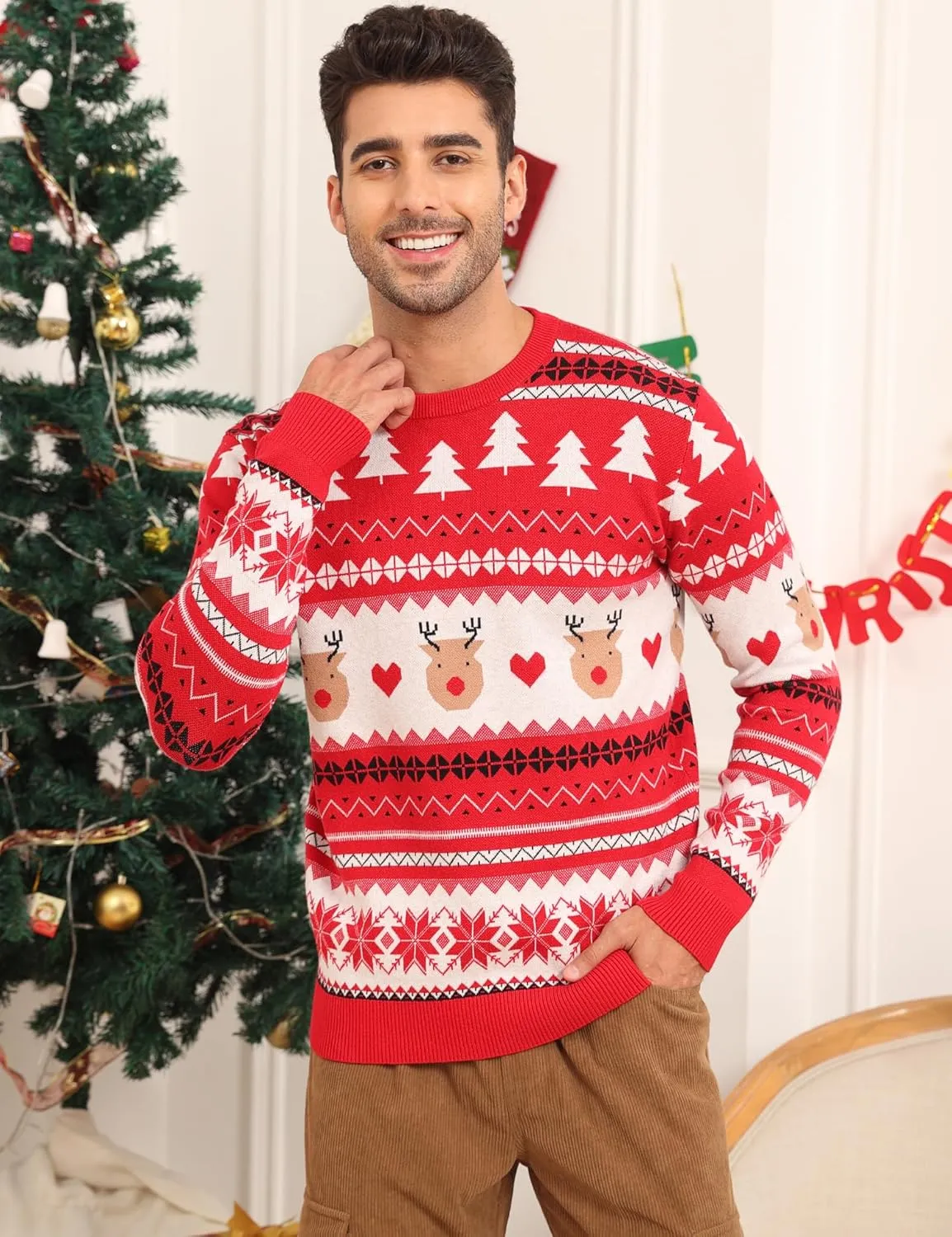 LecGee Christmas Sweater Couple Roundneck Reindeer Snowflakes Ugly Long Sleeve Knitted Sweater Pullover Slim Fit Men Women