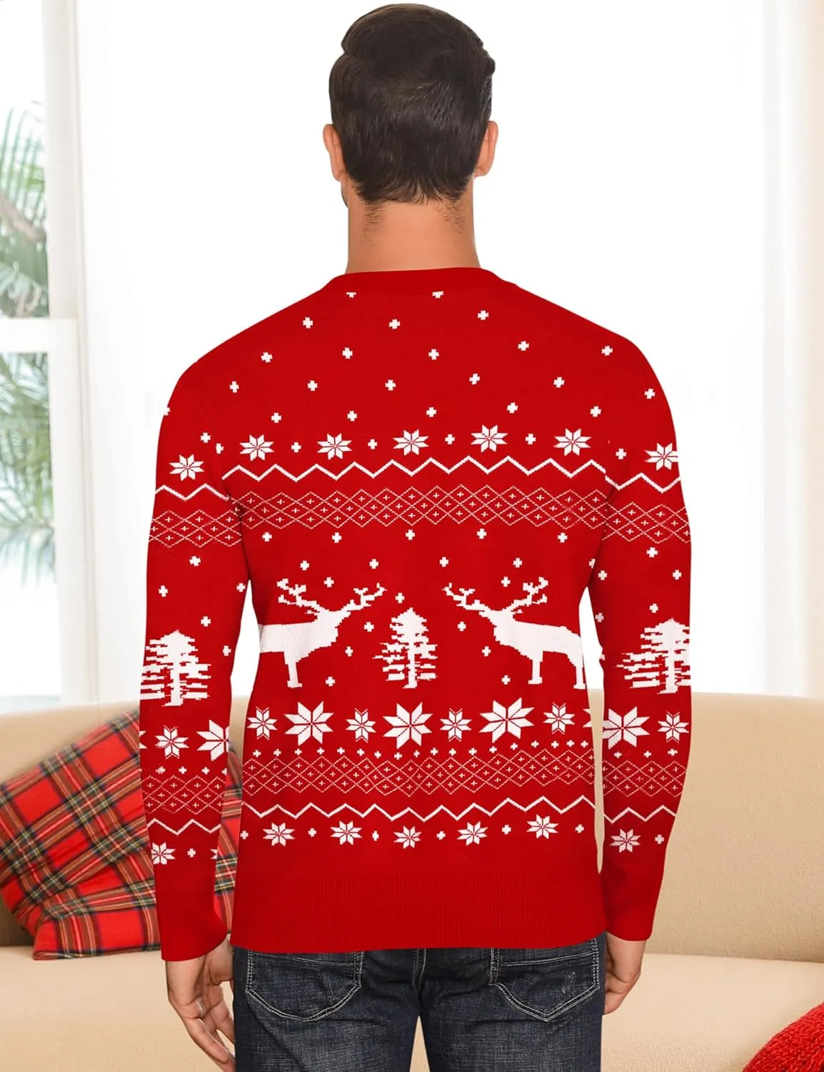 LecGee Christmas Sweater Couple Roundneck Reindeer Snowflakes Ugly Long Sleeve Knitted Sweater Pullover Slim Fit Men Women