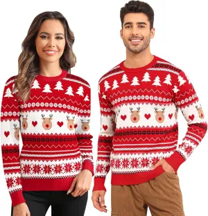 LecGee Christmas Sweater Couple Roundneck Reindeer Snowflakes Ugly Long Sleeve Knitted Sweater Pullover Slim Fit Men Women