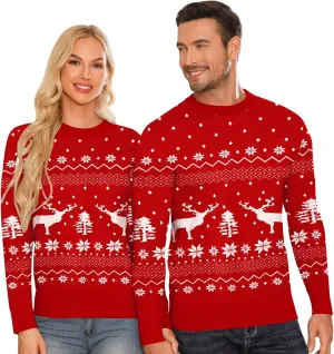 LecGee Christmas Sweater Couple Roundneck Reindeer Snowflakes Ugly Long Sleeve Knitted Sweater Pullover Slim Fit Men Women