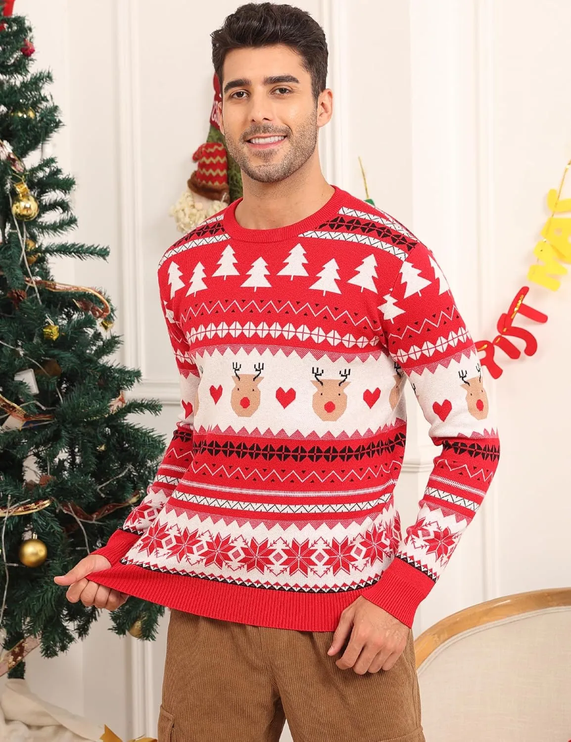 LecGee Christmas Sweater Couple Roundneck Reindeer Snowflakes Ugly Long Sleeve Knitted Sweater Pullover Slim Fit Men Women