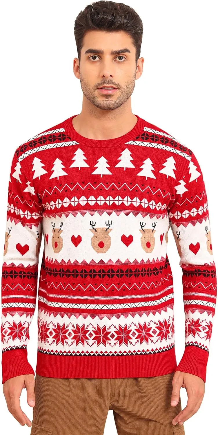 LecGee Christmas Sweater Couple Roundneck Reindeer Snowflakes Ugly Long Sleeve Knitted Sweater Pullover Slim Fit Men Women