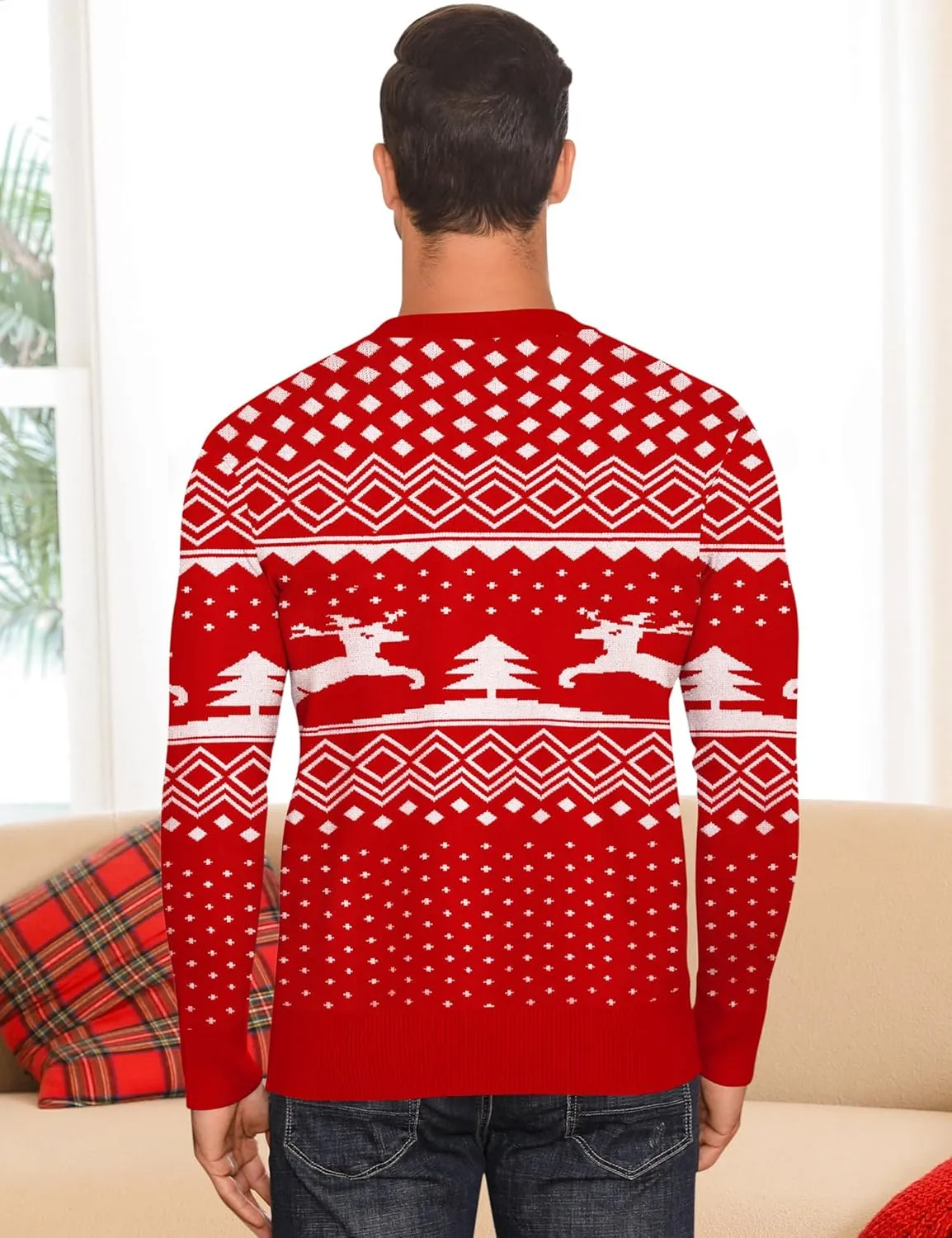 LecGee Christmas Sweater Couple Roundneck Reindeer Snowflakes Ugly Long Sleeve Knitted Sweater Pullover Slim Fit Men Women