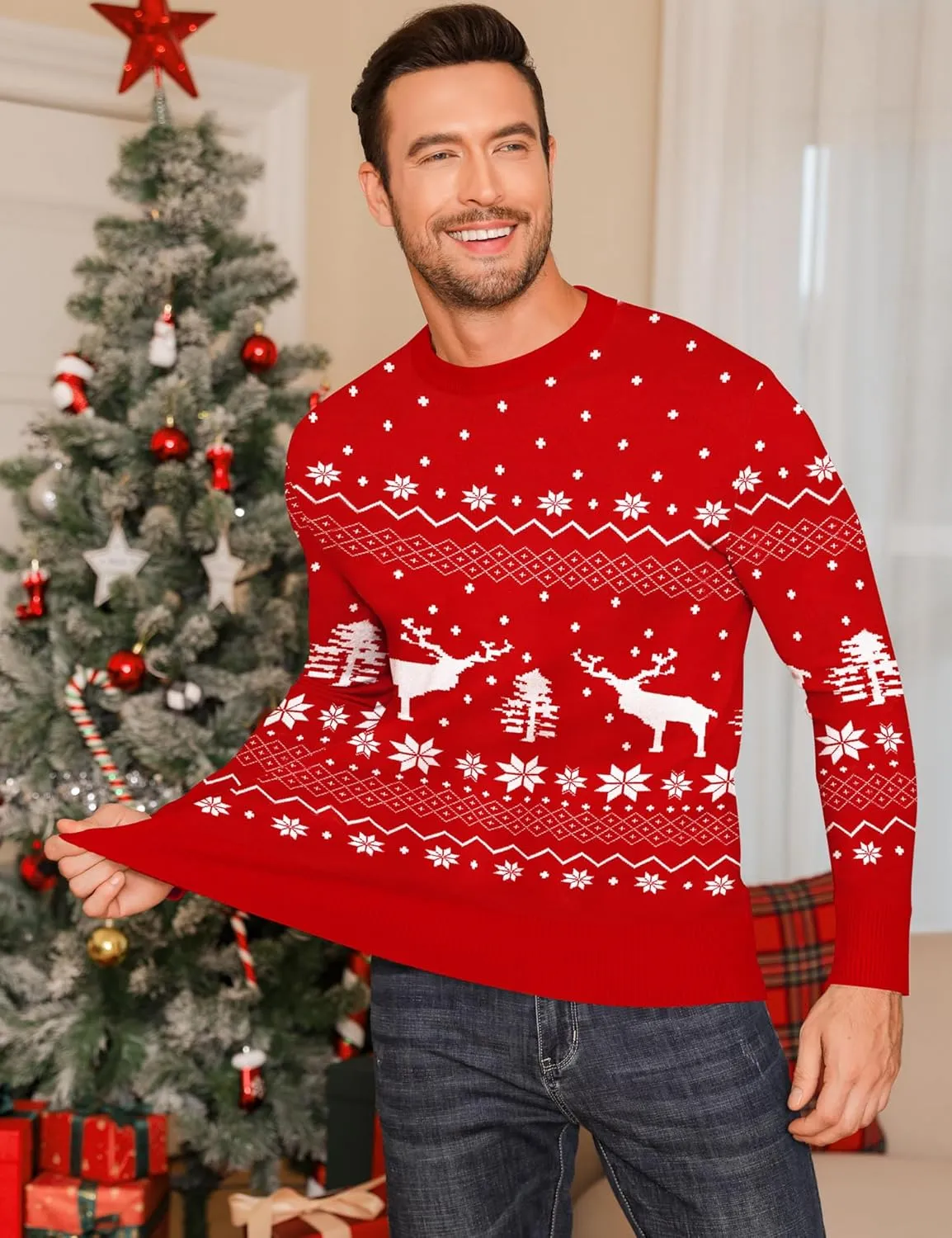 LecGee Christmas Sweater Couple Roundneck Reindeer Snowflakes Ugly Long Sleeve Knitted Sweater Pullover Slim Fit Men Women