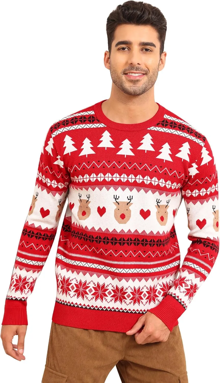 LecGee Christmas Sweater Couple Roundneck Reindeer Snowflakes Ugly Long Sleeve Knitted Sweater Pullover Slim Fit Men Women