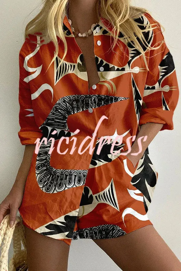 Liberty Bird Print Button Pocket Stretch Waist Shorts Set