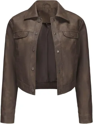 Lightweight Faux Leather Jacket Women Trendy Crop Moto Biker Coat Button Down Shacket Outerwear Slim Short Coats