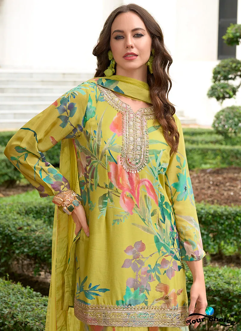 Lime Multicoloured Sequence Embroidery Printed Palazzo Suit