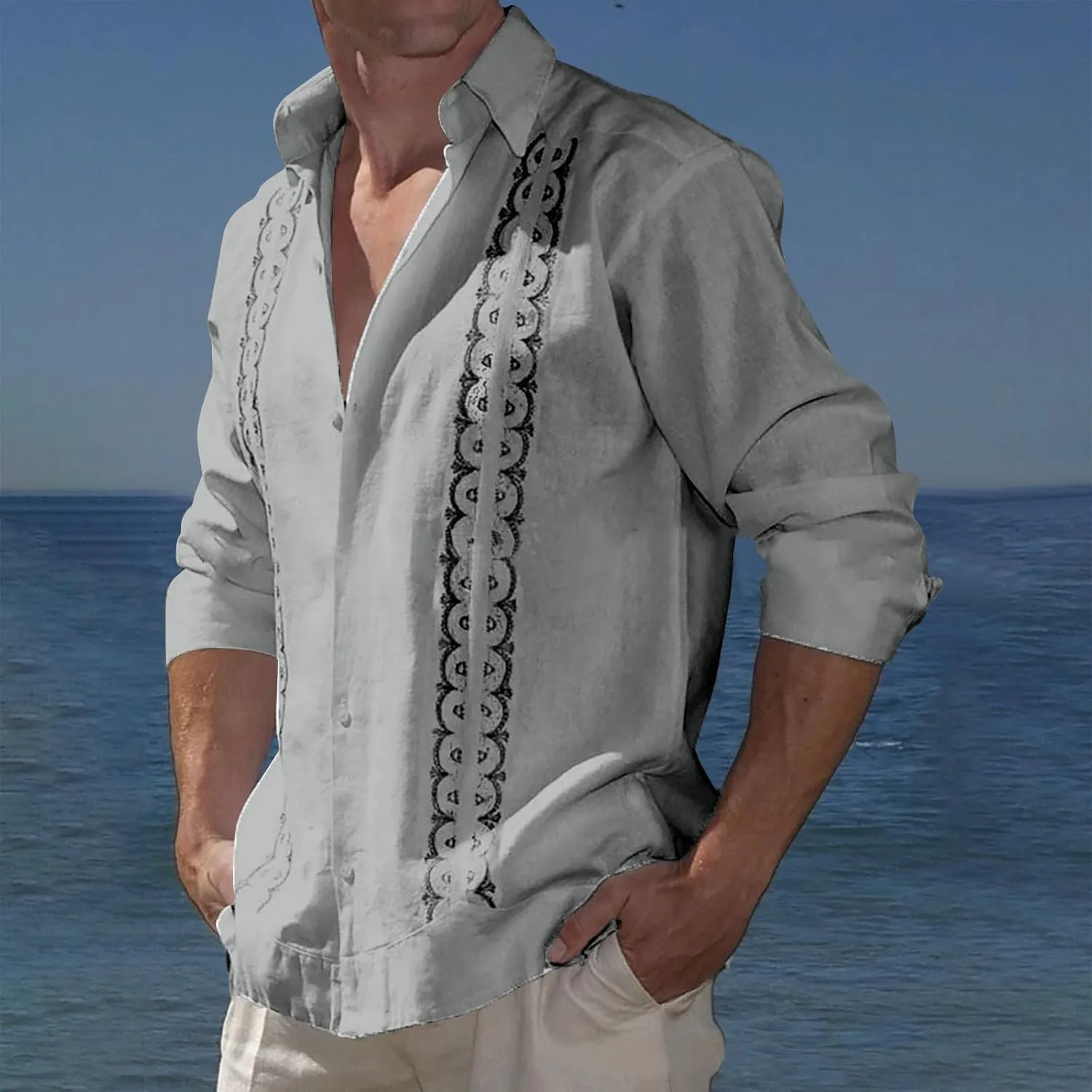 Linen Beach Shirts for Men Long Sleeve Button Down Printed Patchwork Casual Blouses Loose Cotton Hawaiian Clothes