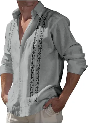 Linen Beach Shirts for Men Long Sleeve Button Down Printed Patchwork Casual Blouses Loose Cotton Hawaiian Clothes