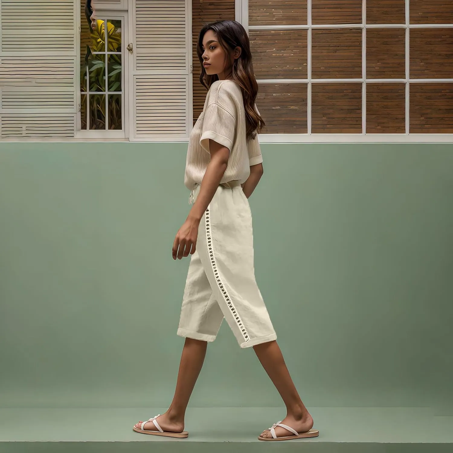 Linen Capri Pants for Women Side Hollow Out Cropped Trousers Casual Summer Capris Drawstring High Waist Wide Leg Pant