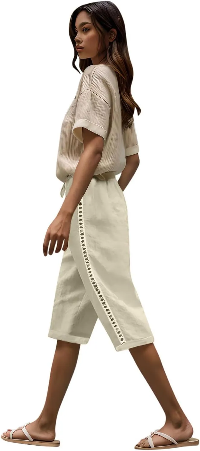 Linen Capri Pants for Women Side Hollow Out Cropped Trousers Casual Summer Capris Drawstring High Waist Wide Leg Pant
