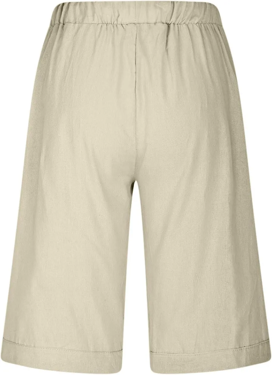 Linen Capri Pants for Women Side Hollow Out Cropped Trousers Casual Summer Capris Drawstring High Waist Wide Leg Pant