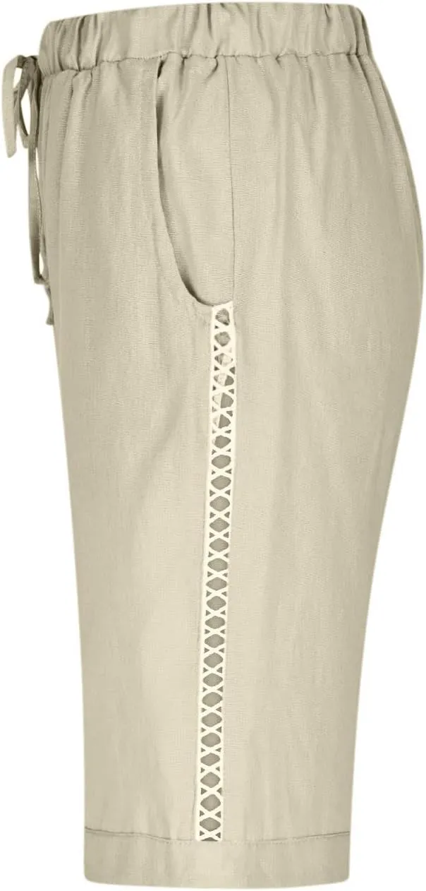 Linen Capri Pants for Women Side Hollow Out Cropped Trousers Casual Summer Capris Drawstring High Waist Wide Leg Pant