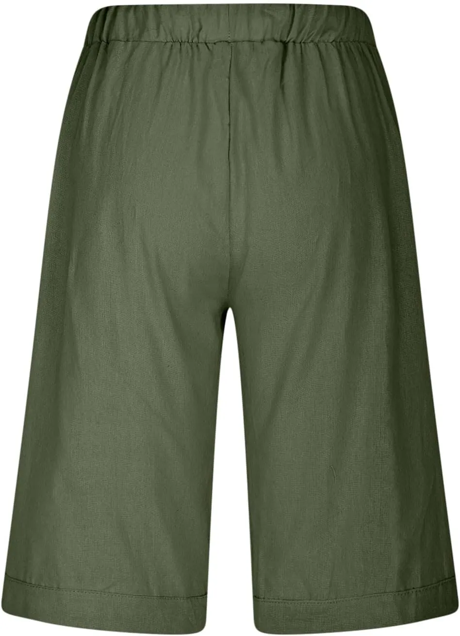 Linen Capri Pants for Women Side Hollow Out Cropped Trousers Casual Summer Capris Drawstring High Waist Wide Leg Pant