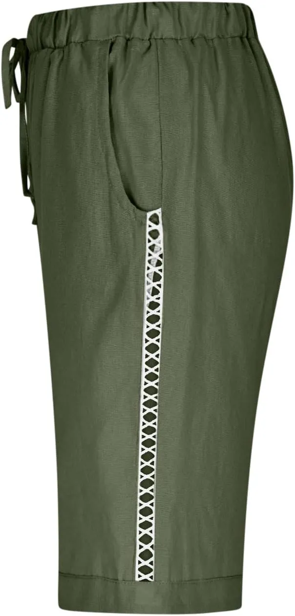 Linen Capri Pants for Women Side Hollow Out Cropped Trousers Casual Summer Capris Drawstring High Waist Wide Leg Pant