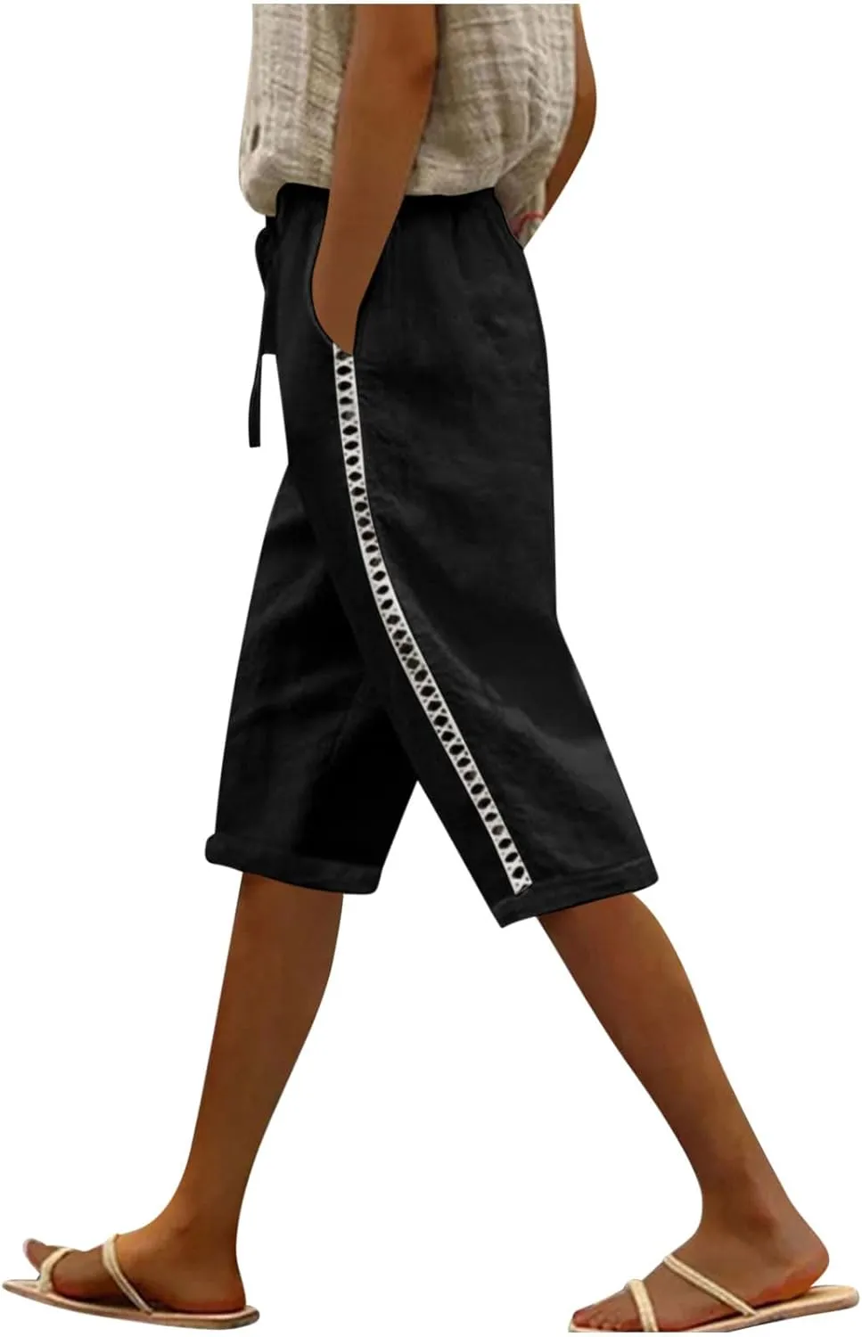 Linen Capri Pants for Women Side Hollow Out Cropped Trousers Casual Summer Capris Drawstring High Waist Wide Leg Pant