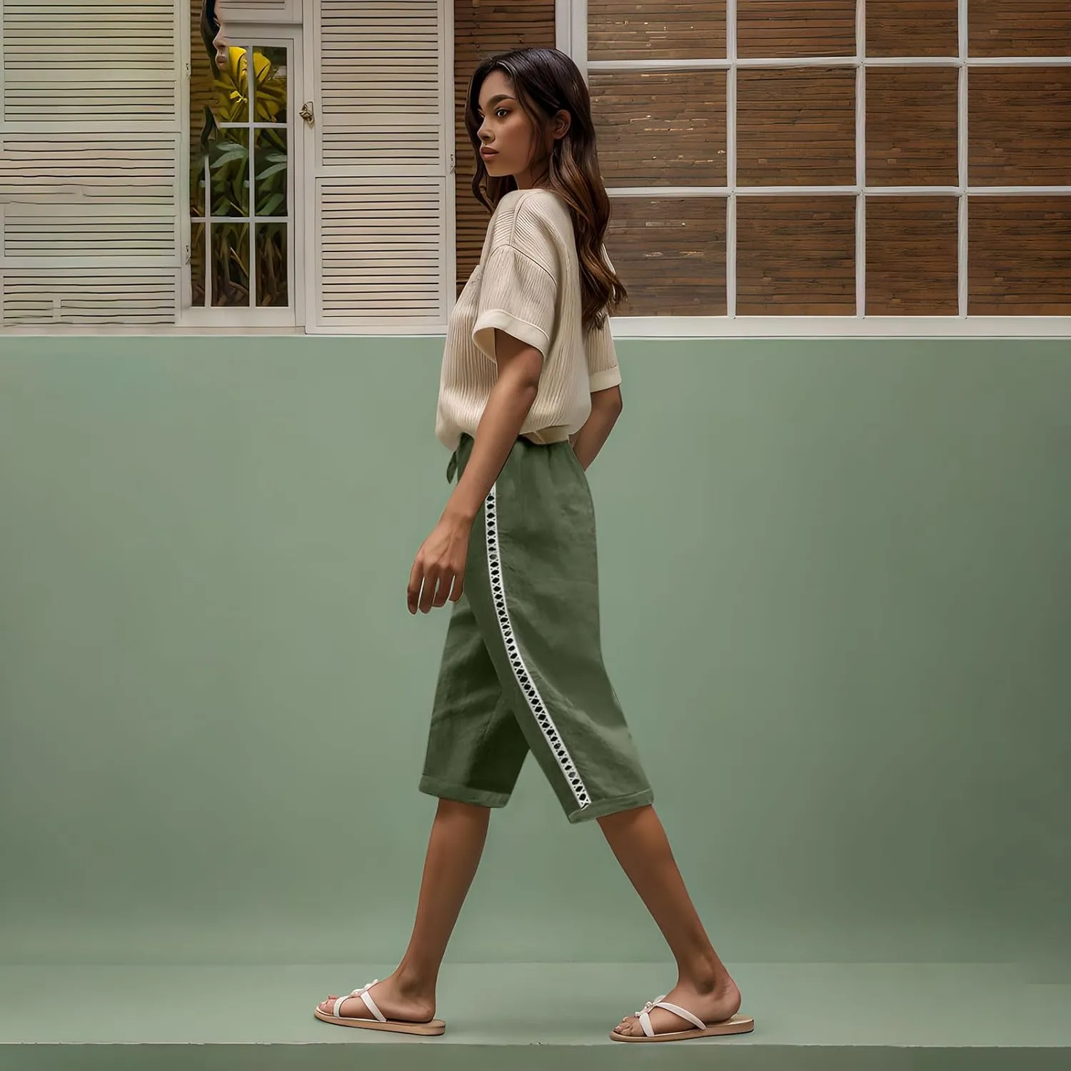 Linen Capri Pants for Women Side Hollow Out Cropped Trousers Casual Summer Capris Drawstring High Waist Wide Leg Pant
