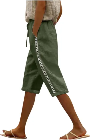 Linen Capri Pants for Women Side Hollow Out Cropped Trousers Casual Summer Capris Drawstring High Waist Wide Leg Pant