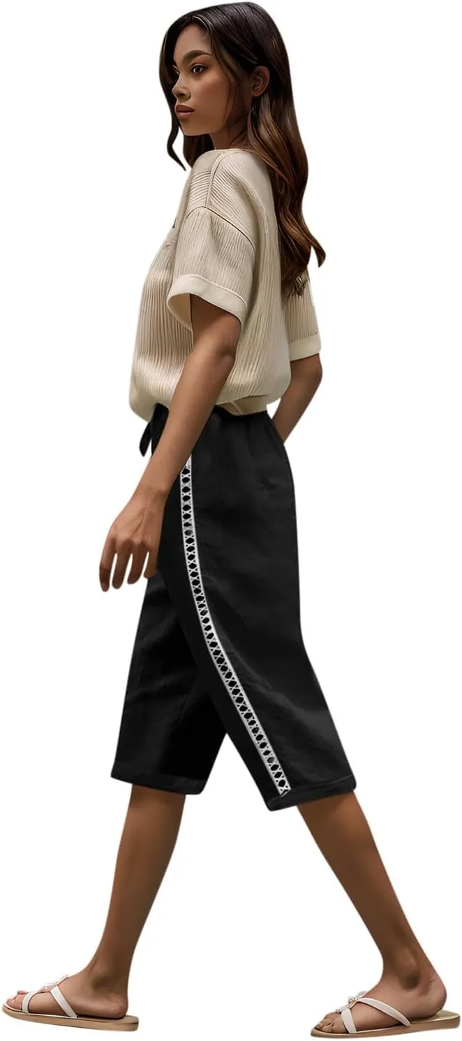 Linen Capri Pants for Women Side Hollow Out Cropped Trousers Casual Summer Capris Drawstring High Waist Wide Leg Pant