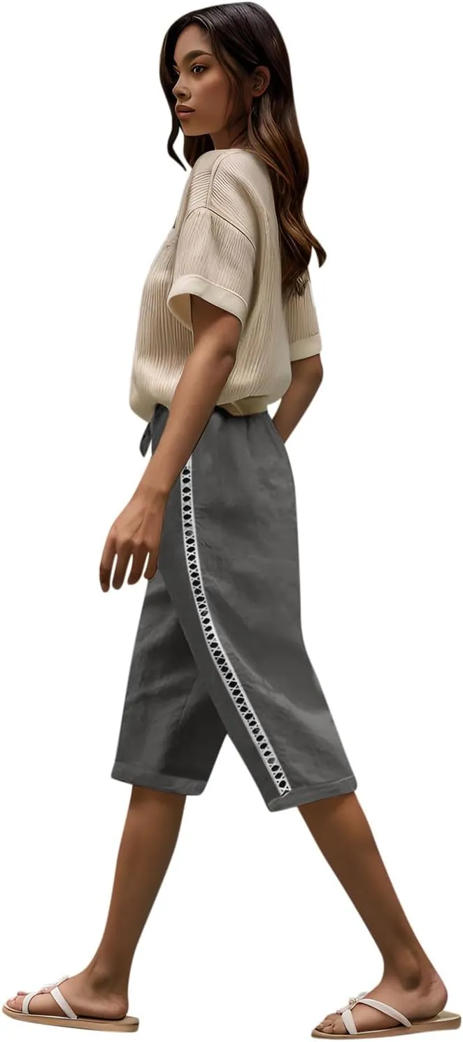 Linen Capri Pants for Women Side Hollow Out Cropped Trousers Casual Summer Capris Drawstring High Waist Wide Leg Pant