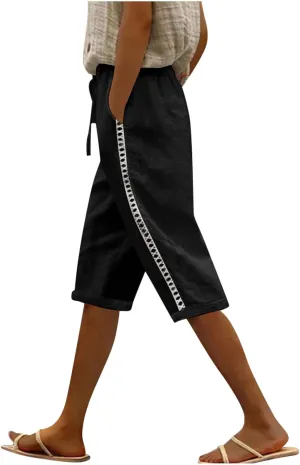 Linen Capri Pants for Women Side Hollow Out Cropped Trousers Casual Summer Capris Drawstring High Waist Wide Leg Pant