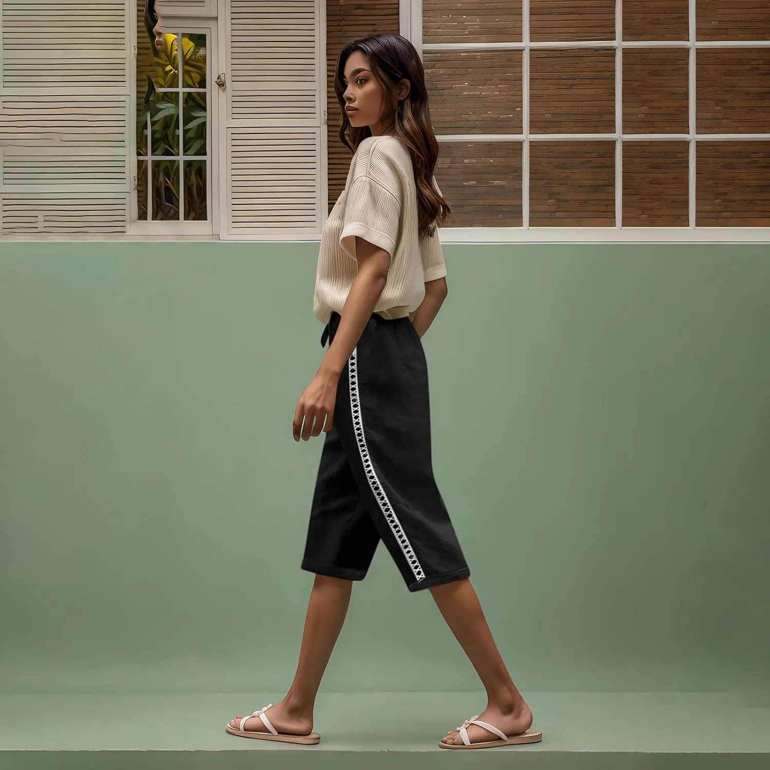 Linen Capri Pants for Women Side Hollow Out Cropped Trousers Casual Summer Capris Drawstring High Waist Wide Leg Pant