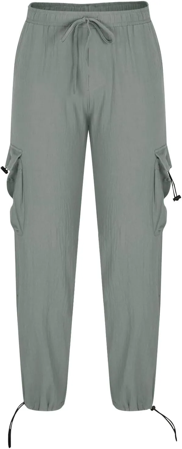Linen Cargo Pants Men Relaxed Drawstring Pants Elastic Waist Multi Pack Pants Lightweight Lounge Pants Loose Trousers