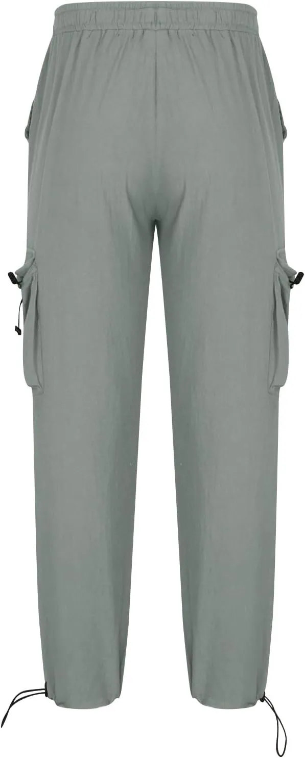 Linen Cargo Pants Men Relaxed Drawstring Pants Elastic Waist Multi Pack Pants Lightweight Lounge Pants Loose Trousers