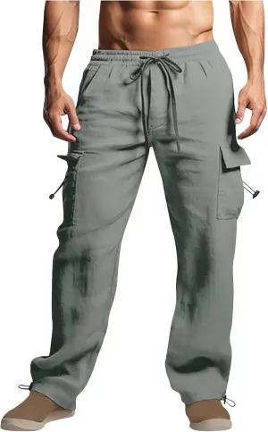 Linen Cargo Pants Men Relaxed Drawstring Pants Elastic Waist Multi Pack Pants Lightweight Lounge Pants Loose Trousers