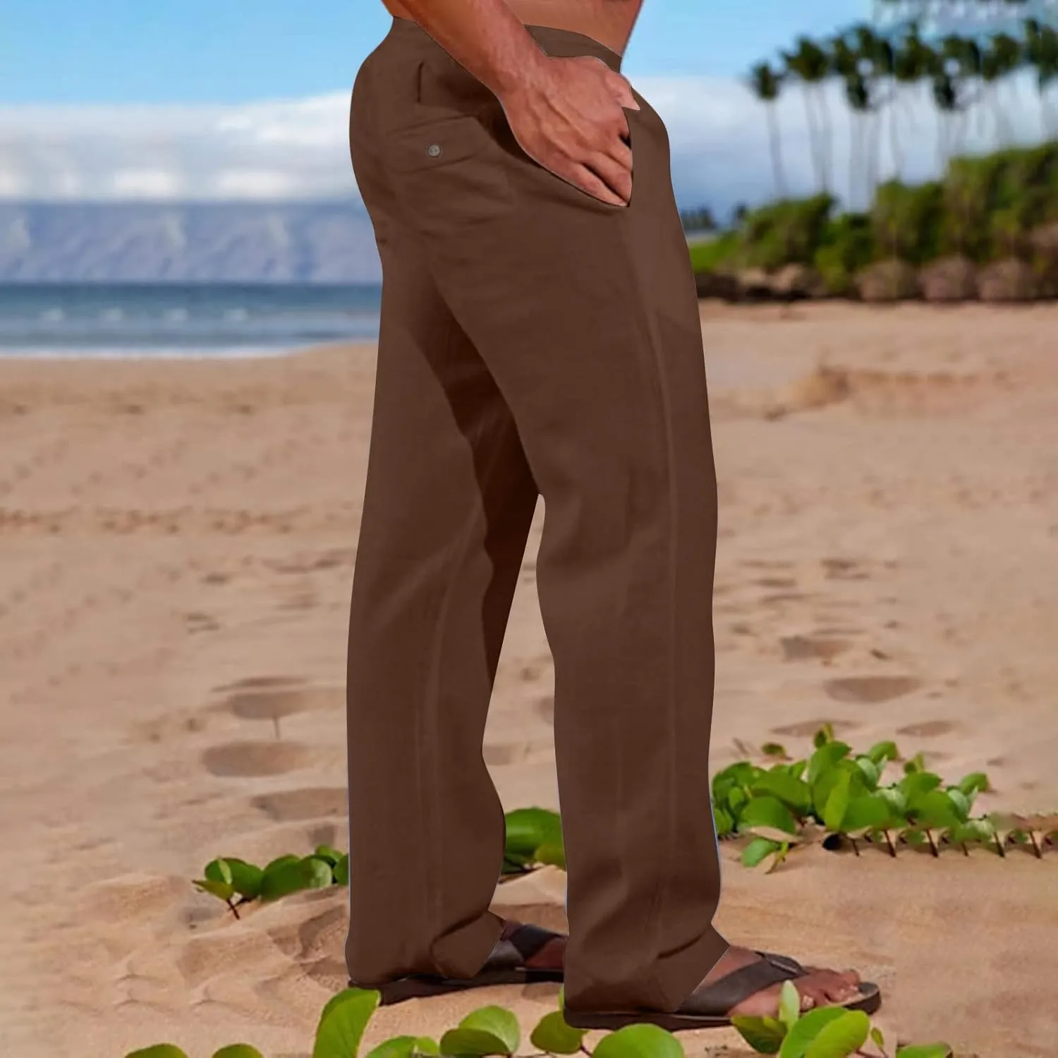 Linen Dress Pants Men Slim Fit Straight Leg Trousers Elastic Waist Lounge Pants Breathable Summer Pants Casual Pants