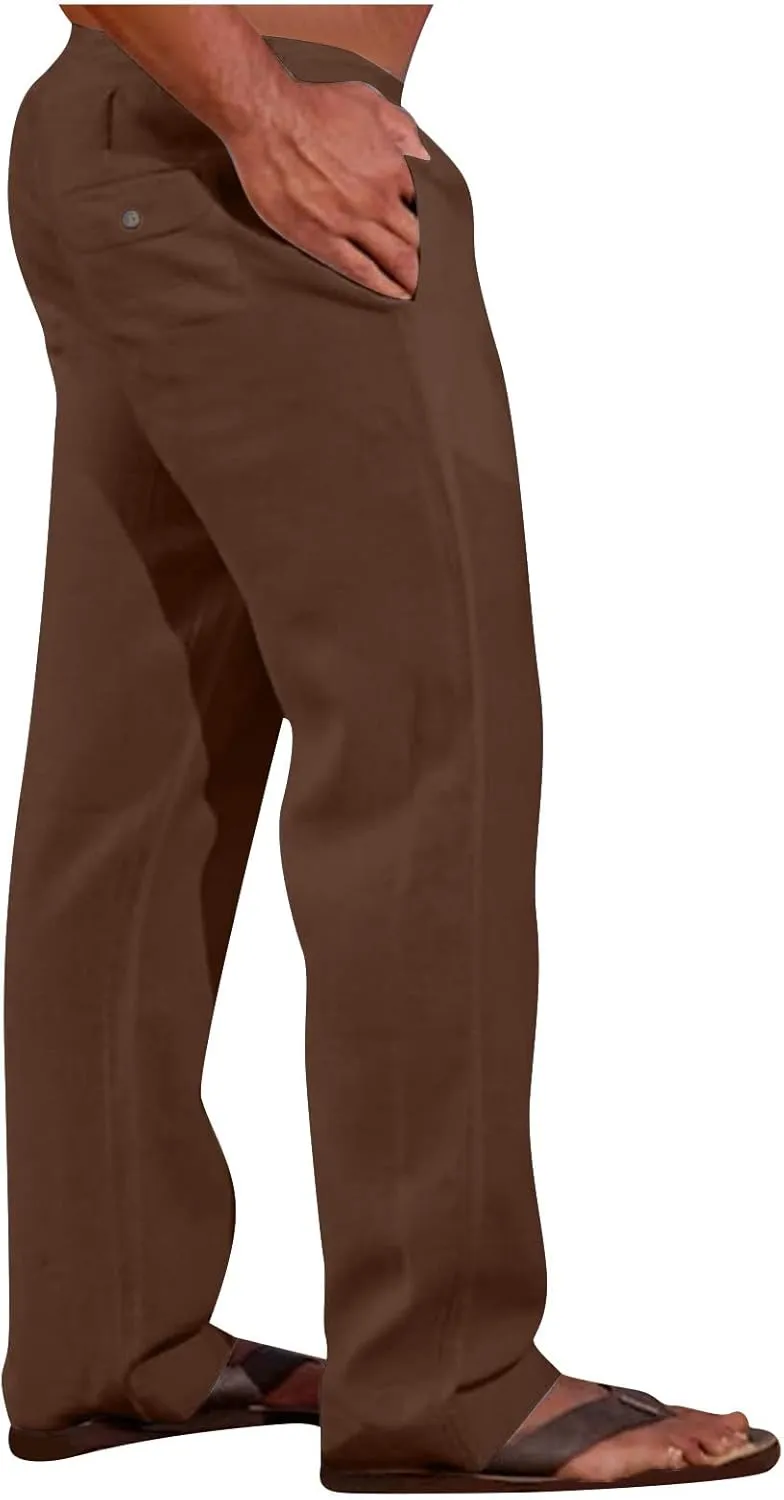 Linen Dress Pants Men Slim Fit Straight Leg Trousers Elastic Waist Lounge Pants Breathable Summer Pants Casual Pants