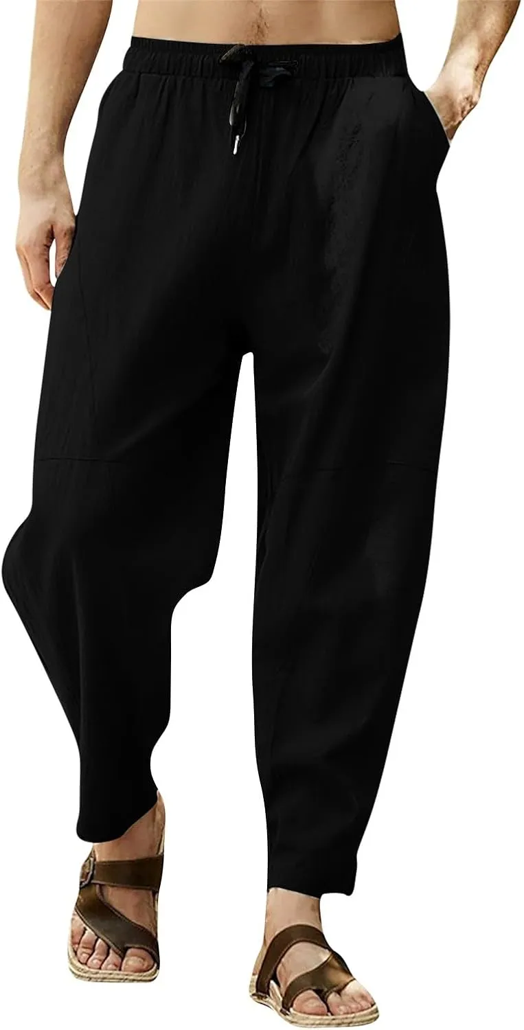Linen Pants Men Casual Basic Summer Drawstring Elastic Waist Trousers Fashion Breathable Lounge Workout Clothes 2025