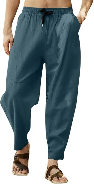 Linen Pants Men Casual Basic Summer Drawstring Elastic Waist Trousers Fashion Breathable Lounge Workout Clothes 2025