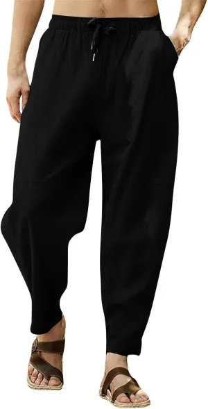 Linen Pants Men Casual Basic Summer Drawstring Elastic Waist Trousers Fashion Breathable Lounge Workout Clothes 2025