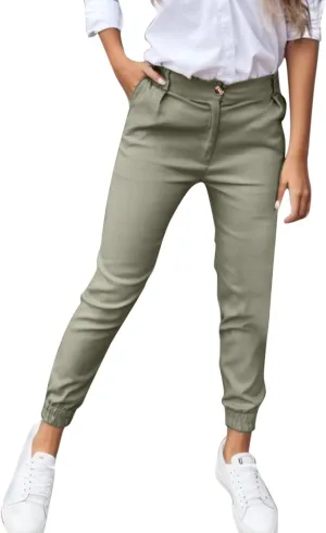 Linen Pants Womens Cotton High Waist Button Casual Pants Slim 2025 Trendy Spring Cropped Trousers with Pockets