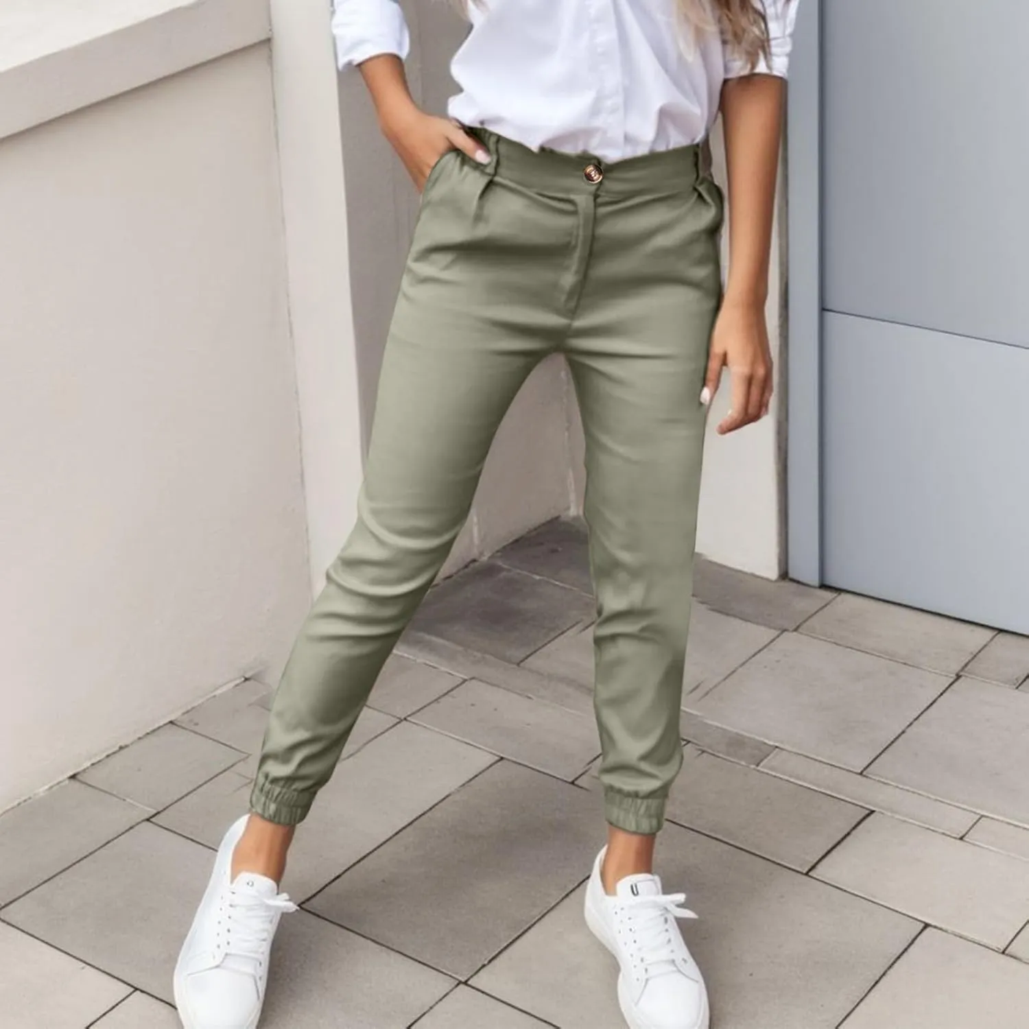 Linen Pants Womens Cotton High Waist Button Casual Pants Slim 2025 Trendy Spring Cropped Trousers with Pockets