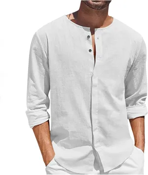 Linen Shirt for Men Casual Crew Neck Solid Color Long Sleeve Blouses Button Cotton Loose Trendy Hawaiian Shirts Top