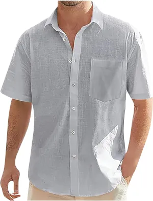 Linen Shirt for Men Short Sleeve Button Down Solid Color Casual Blouses Fashion Summer Hawaiian Comfy Shirts Tops