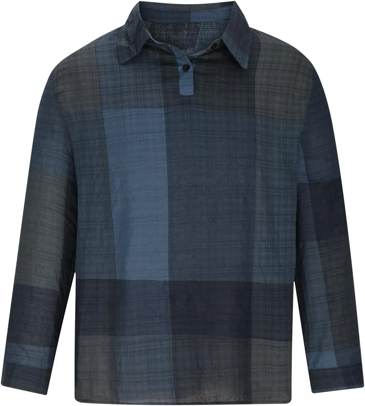 Linen Shirts for Men Casual V Neck Plaid Print Lapel Cotton Linen Long Sleeve Shirt Fashion 2025 Spring Comfy Tees