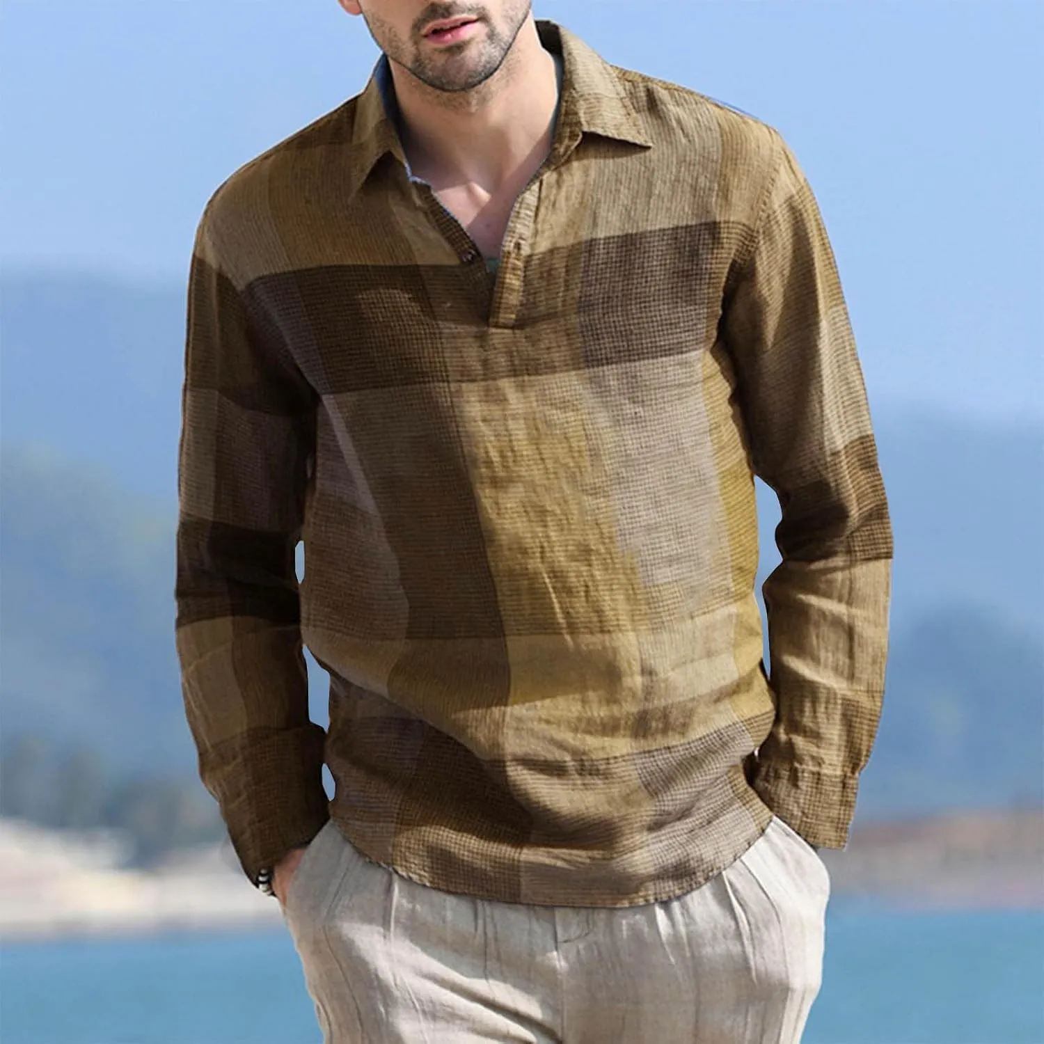 Linen Shirts for Men Casual V Neck Plaid Print Lapel Cotton Linen Long Sleeve Shirt Fashion 2025 Spring Comfy Tees