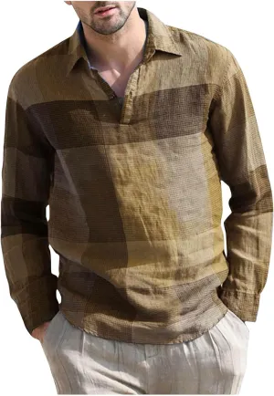 Linen Shirts for Men Casual V Neck Plaid Print Lapel Cotton Linen Long Sleeve Shirt Fashion 2025 Spring Comfy Tees